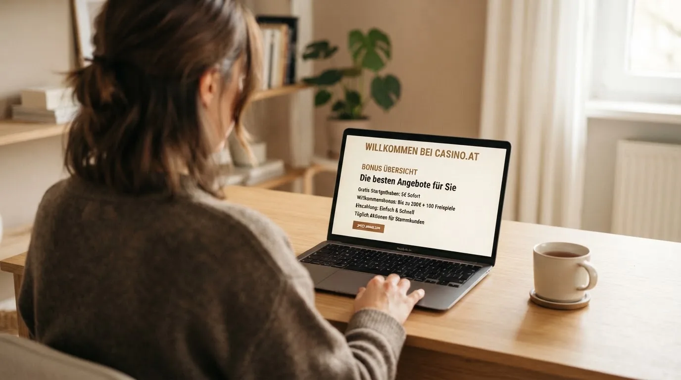 Person am Laptop liest eine Übersichtsseite zu Glücksspielen im Internet — 10 euro bonus ohne einzahlung casino