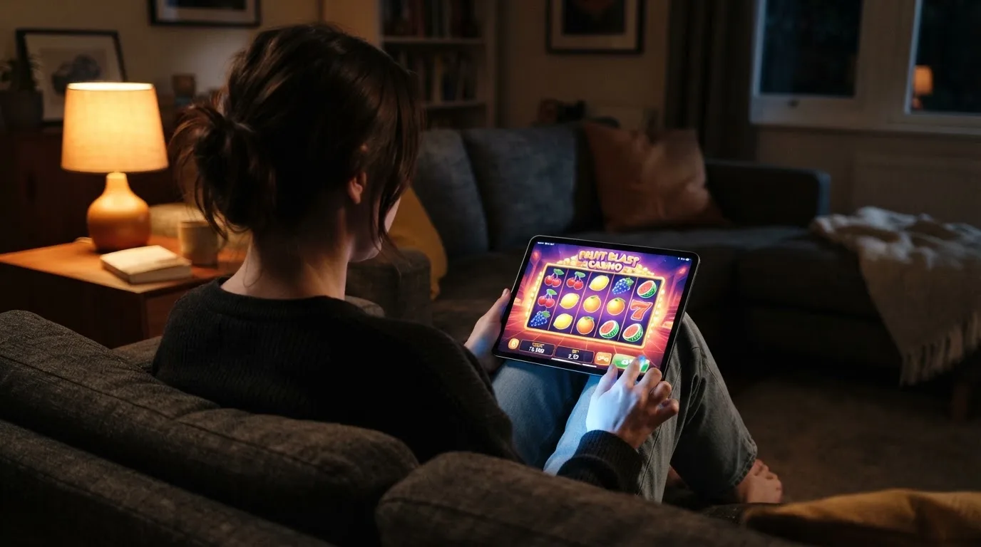 Person sitzt entspannt auf einem Sofa und blickt konzentriert auf ein Tablet in gedämpftem Wohnzimmerlicht am Abend.