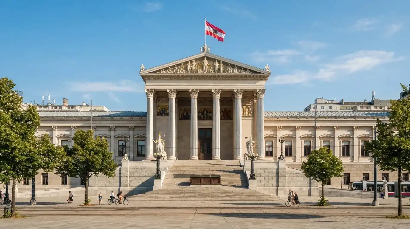 Fassade eines klassizistischen Wiener Amtsgebäudes mit österreichischer Flagge an einem klaren Nachmittag.