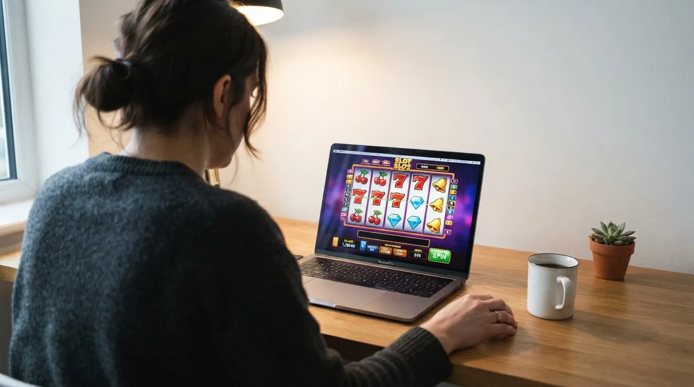 Person am Laptop liest eine Übersichtsseite zu Glücksspielen im Internet — 150 freispiele ohne einzahlung