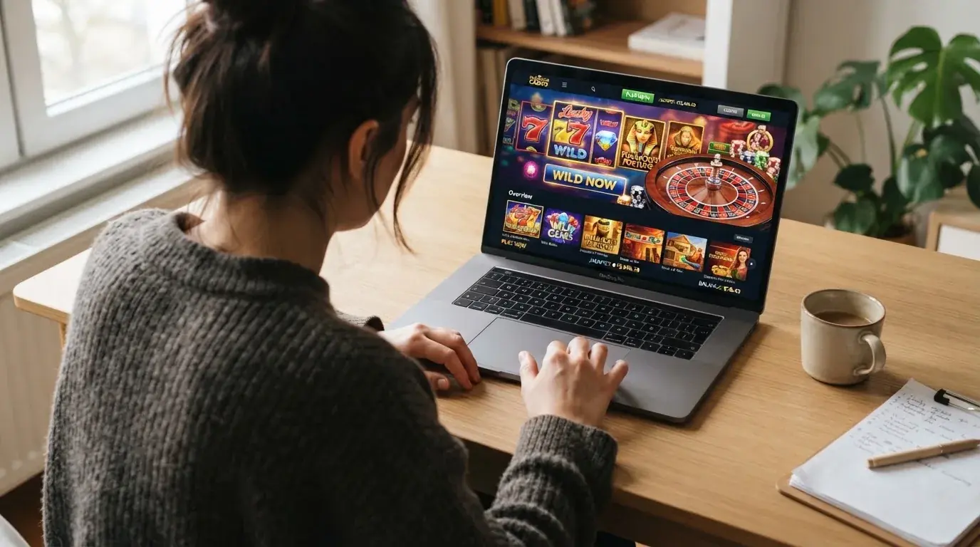 Person am Laptop liest eine Übersichtsseite zu Glücksspielen im Internet — 20 euro bonus ohne einzahlung casino