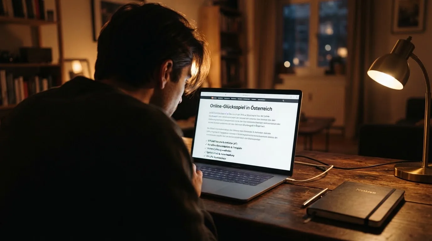 Person am Laptop liest eine Übersichtsseite zu Glücksspielen im Internet — 20 freispiele ohne einzahlung