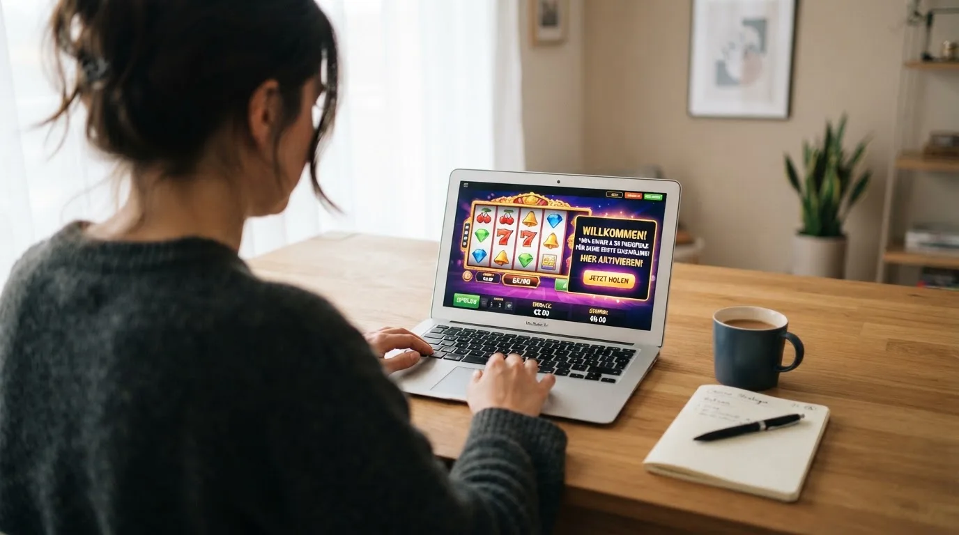 Person am Laptop liest eine Übersichtsseite zu Glücksspielen im Internet — 30 euro bonus ohne einzahlung casino
