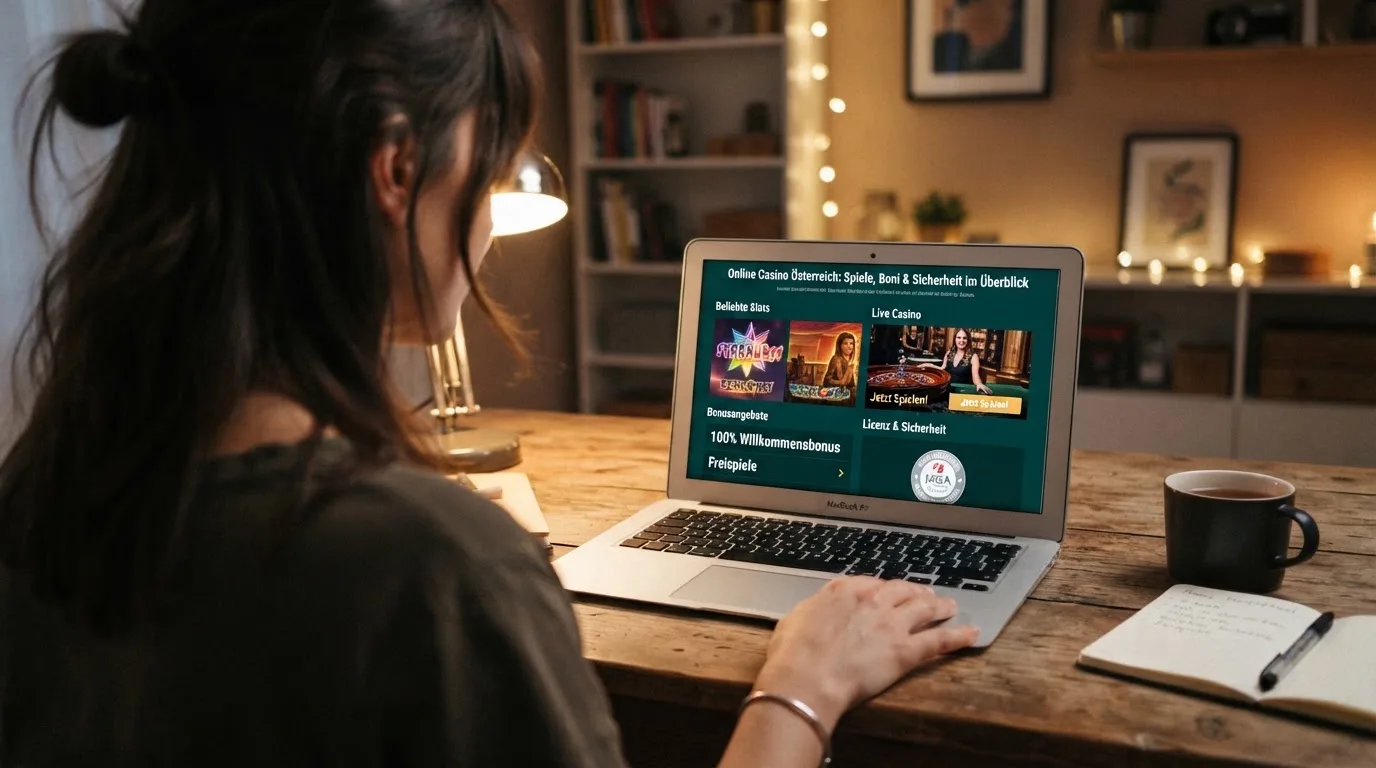Person am Laptop liest eine Übersichtsseite zu Glücksspielen im Internet — 40 euro bonus ohne einzahlung casino