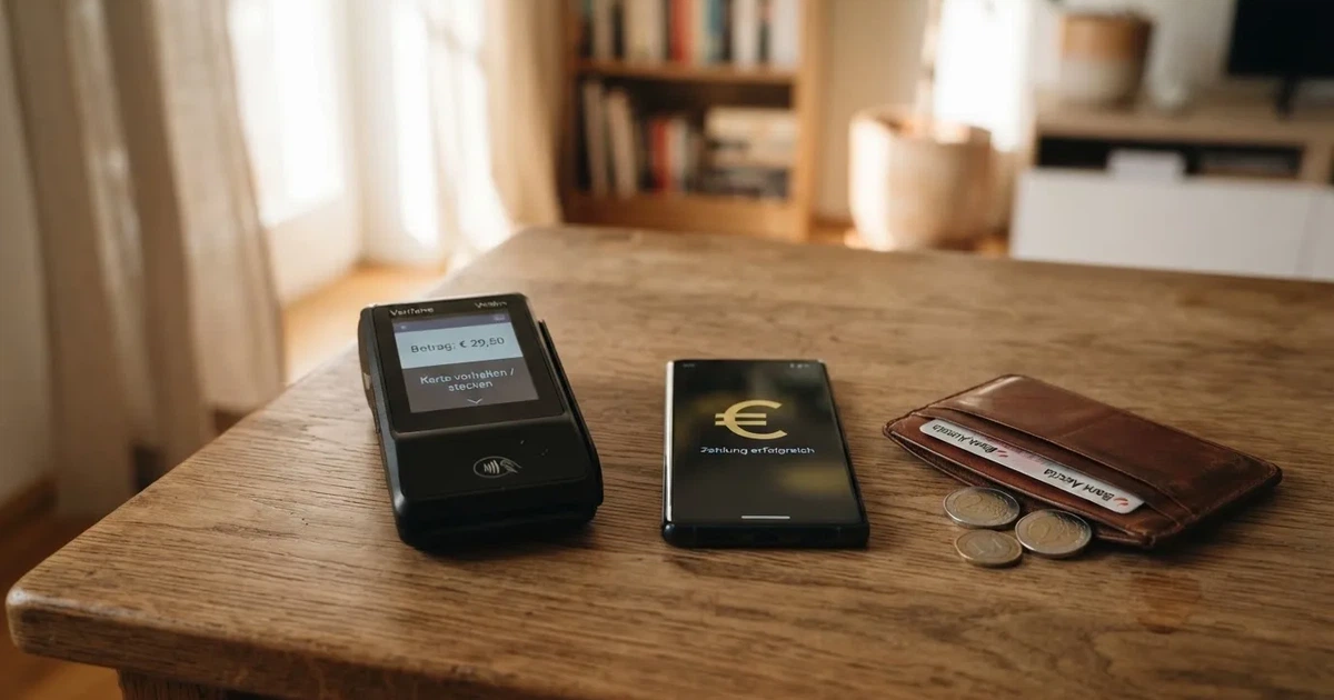 Kartenterminal und Smartphone auf einem Holztisch neben einer Geldbörse — 40 euro bonus ohne einzahlung casino