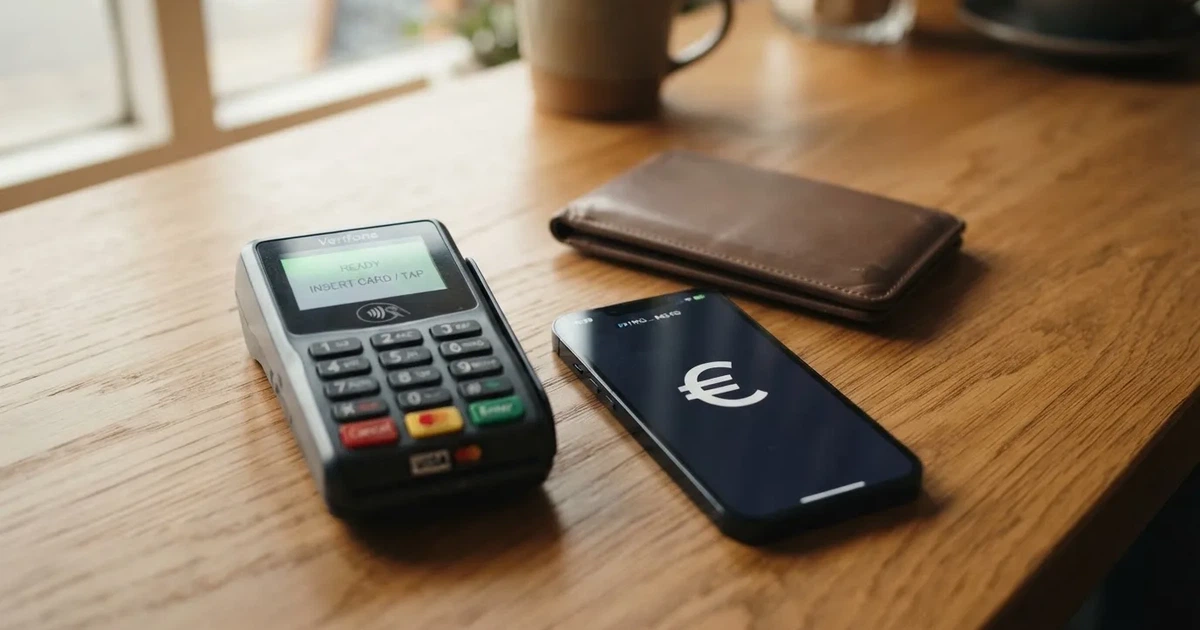 Kartenterminal und Smartphone auf einem Holztisch neben einer Geldbörse — 5 euro bonus ohne einzahlung casino