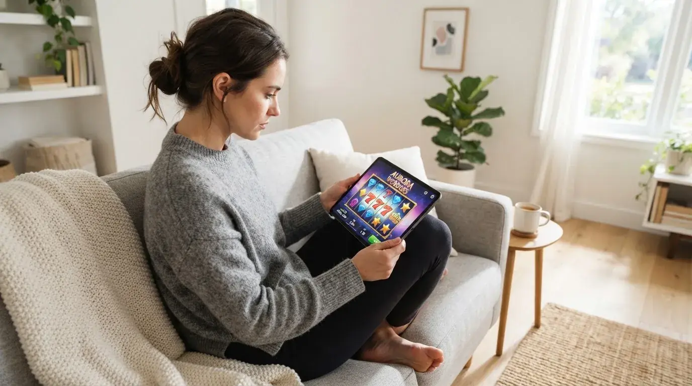 Person sitzt entspannt mit einem Tablet auf dem Schoß in einem hellen Wohnzimmer und blickt konzentriert auf den Bildschirm.