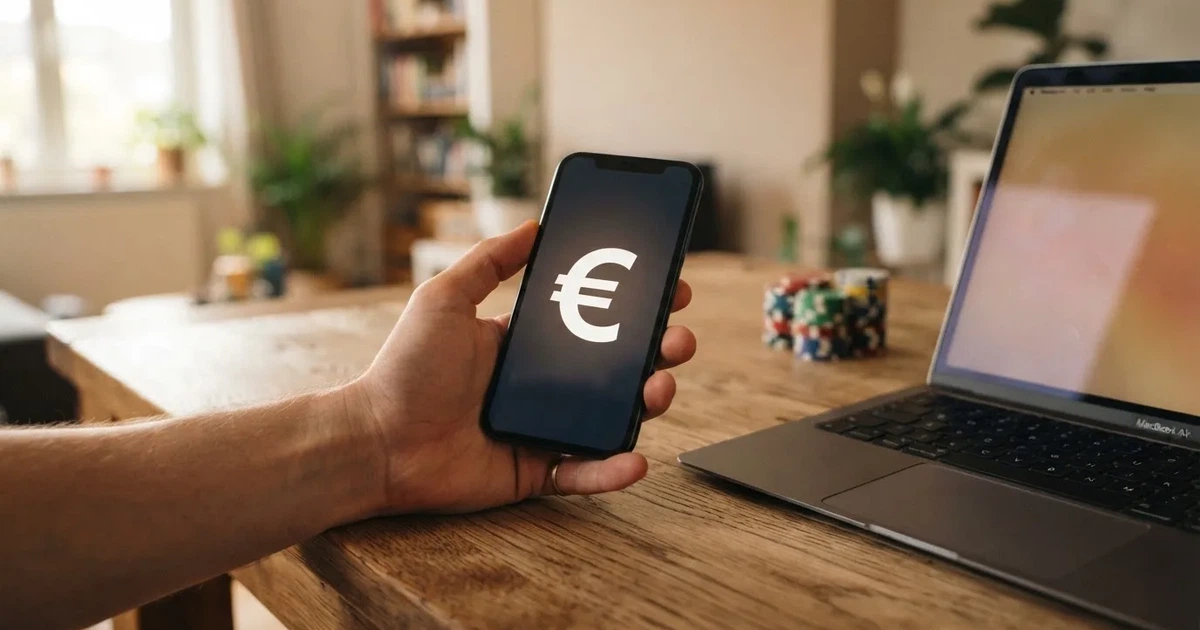 Nahaufnahme einer Hand, die eine Bankkarte in ein Kartenlesegerät neben einem Laptop auf einem Holztisch steckt.