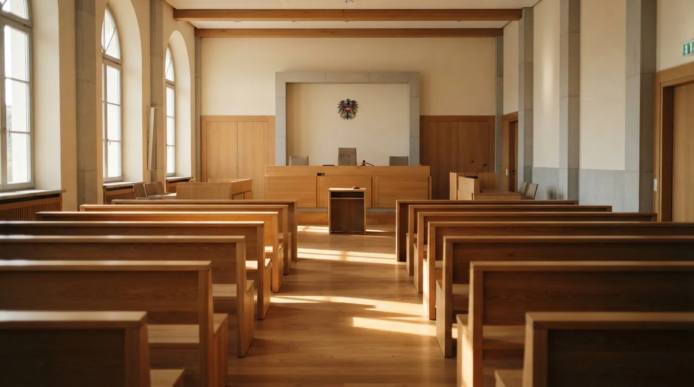 Innenansicht eines modernen Gerichtssaals mit leeren Holzbänken und hohen Fenstern, durch die Nachmittagslicht fällt.