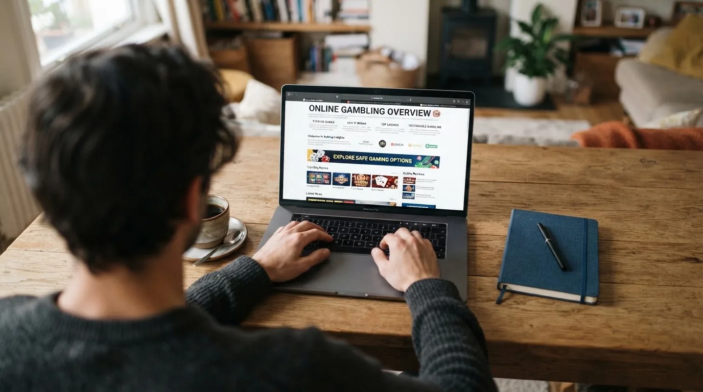 Person am Laptop liest eine Übersichtsseite zu Glücksspielen im Internet — aviator online casino