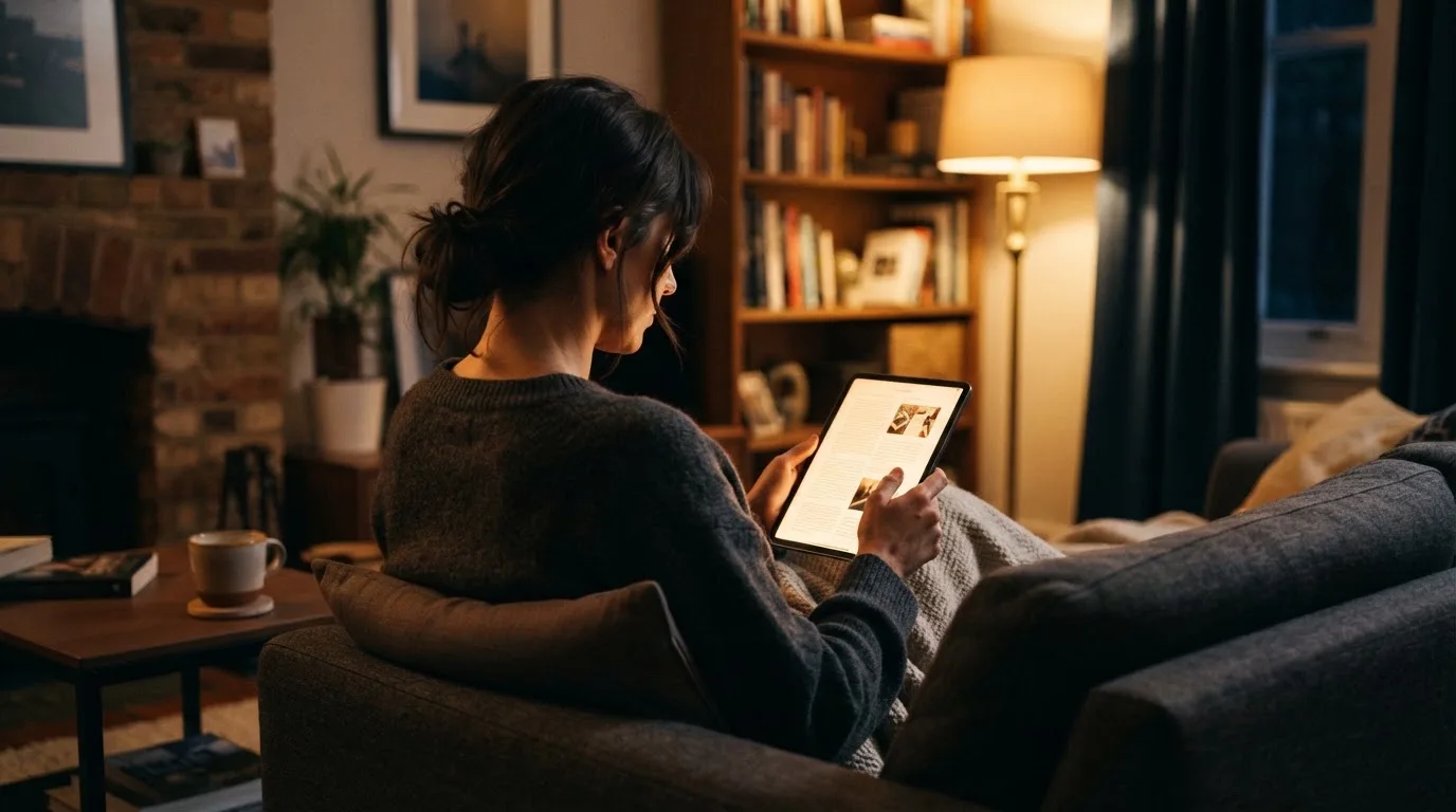 Person sitzt entspannt auf einem Sofa und blickt konzentriert auf ein Tablet in gedämpftem Wohnzimmerlicht am Abend.