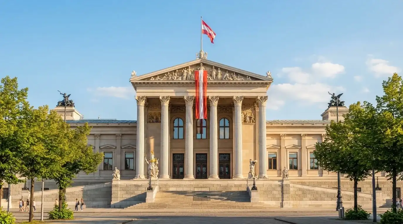 Fassade eines klassizistischen Wiener Amtsgebäudes mit österreichischer Flagge an einem klaren Nachmittag.