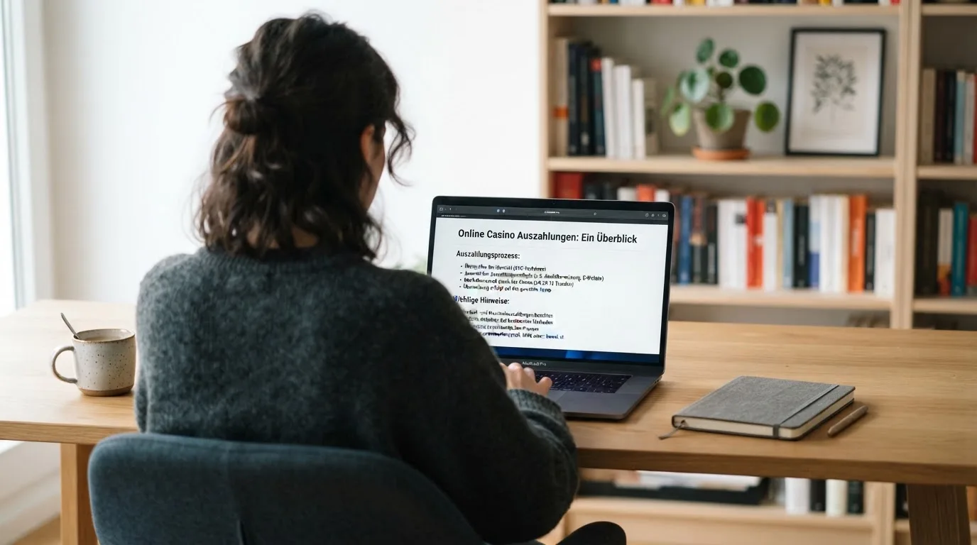 Person am Laptop liest eine Übersichtsseite zu Glücksspielen im Internet — beste casino ohne verifizierung auszahlen