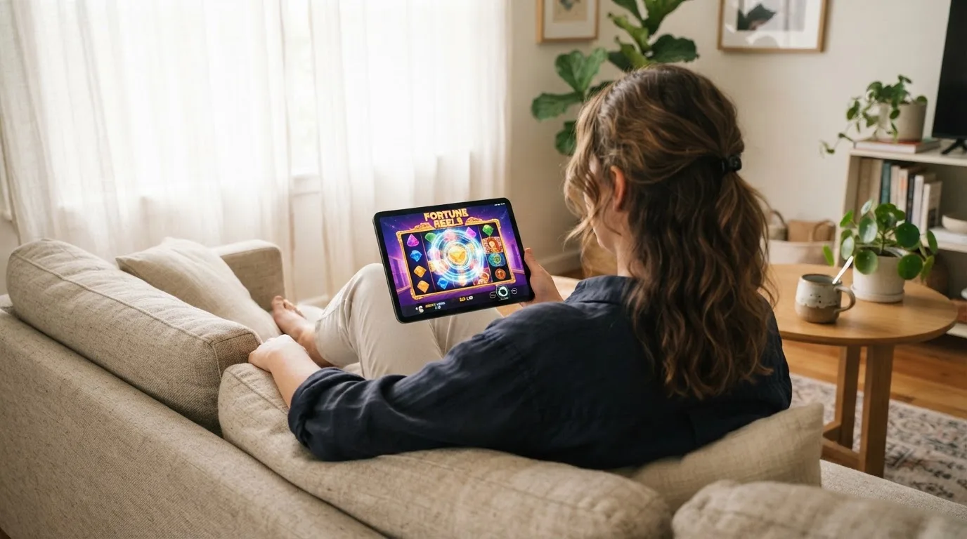 Person sitzt entspannt mit einem Tablet auf dem Schoß in einem hellen Wohnzimmer.