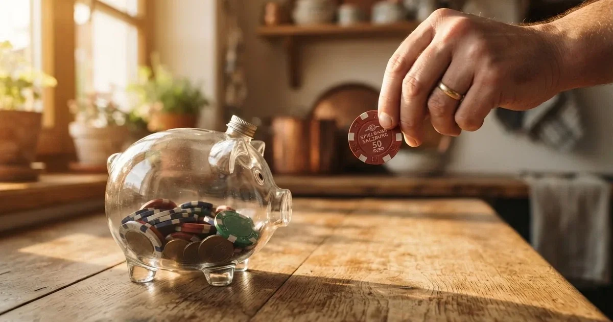 Nahaufnahme einer Hand, die Münzen in ein Sparschwein aus Glas auf einem Holztisch steckt.