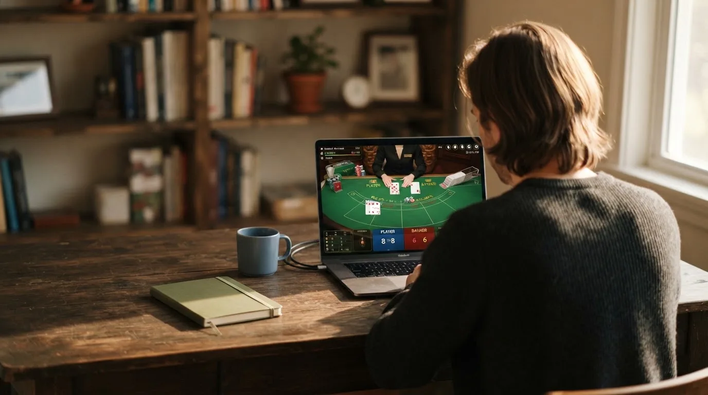 Person am Laptop liest eine Übersichtsseite zu Glücksspielen im Internet — beste live baccarat österreich