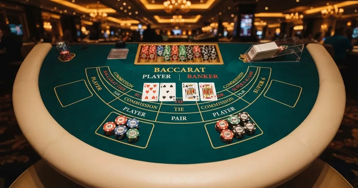 Beleuchteter Spieltisch mit Karten, von oben gesehen — beste live baccarat österreich