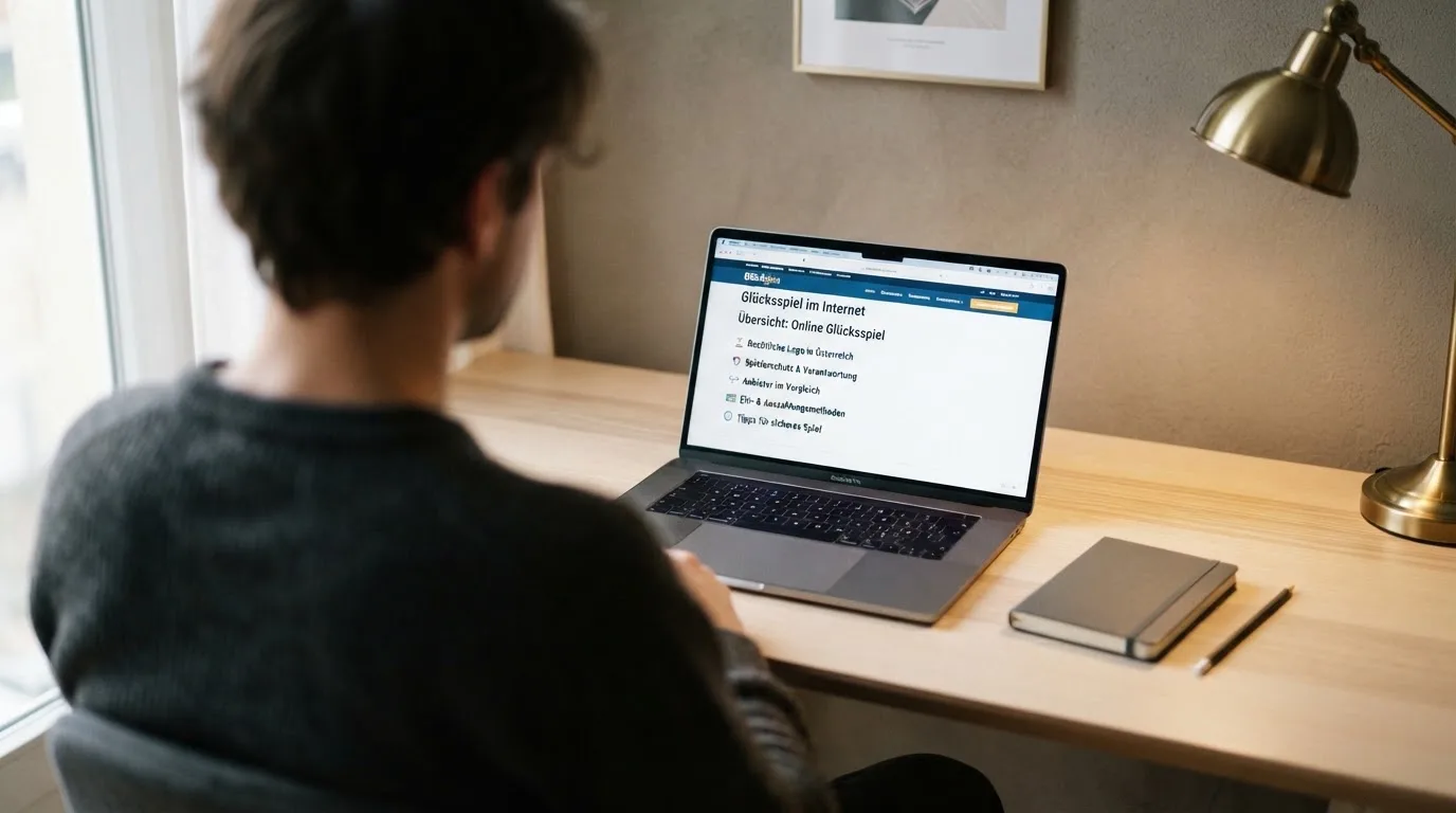 Person am Laptop liest eine Übersichtsseite zu Glücksspielen im Internet — beste online casino ausland