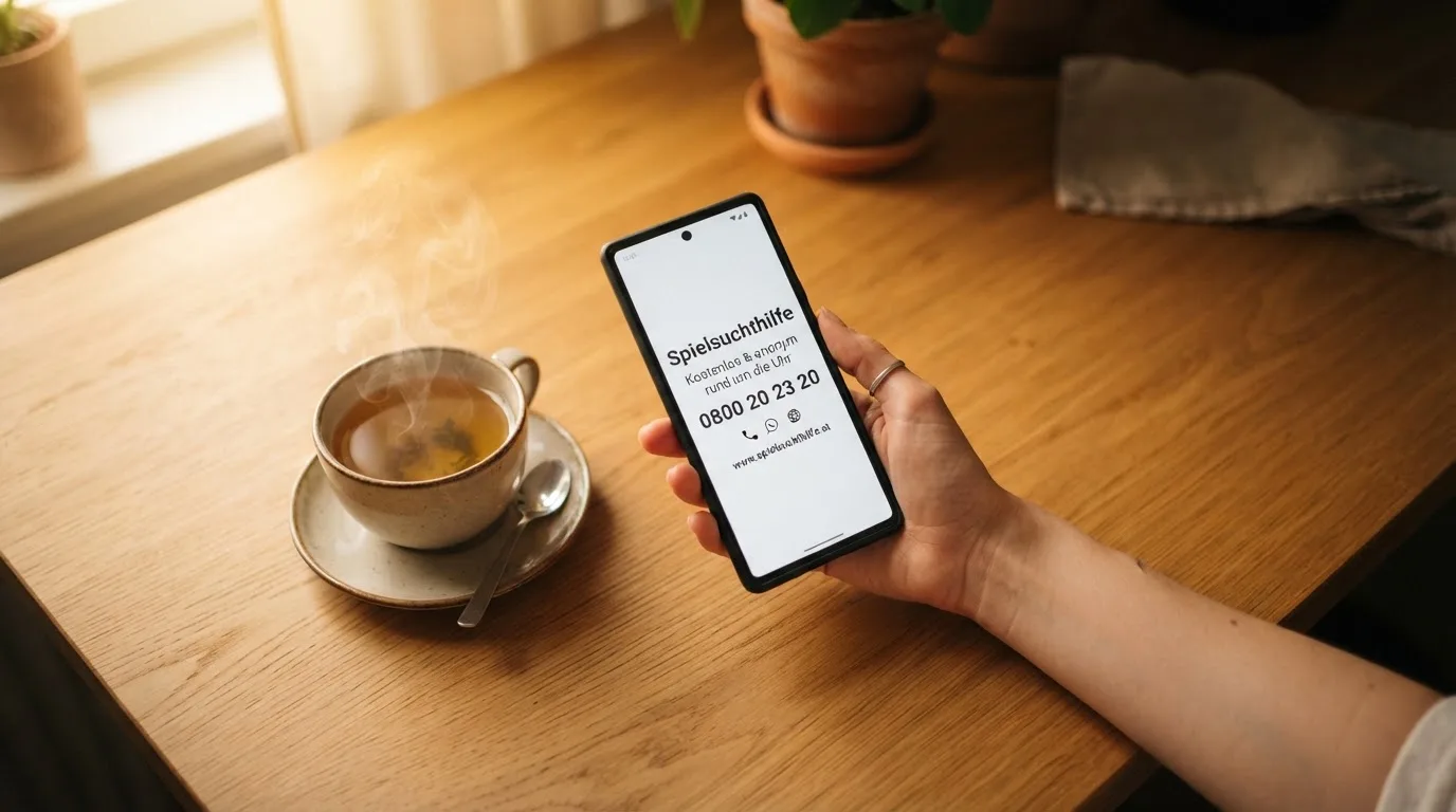 Hand hält ein Smartphone, daneben eine Tasse Tee, ruhige Abendstimmung am Küchentisch — beste online casino ausland