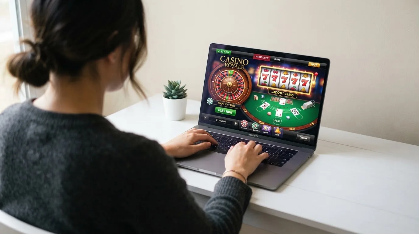 Person am Laptop liest eine Übersichtsseite zu Glücksspielen im Internet — beste online casino echtgeld app