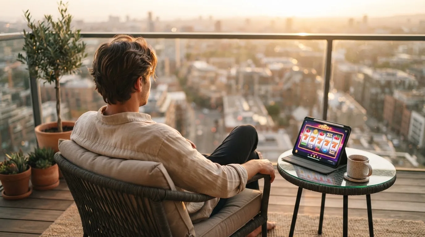 Person sitzt entspannt mit einem Tablet auf dem Balkon eines modernen Apartments.