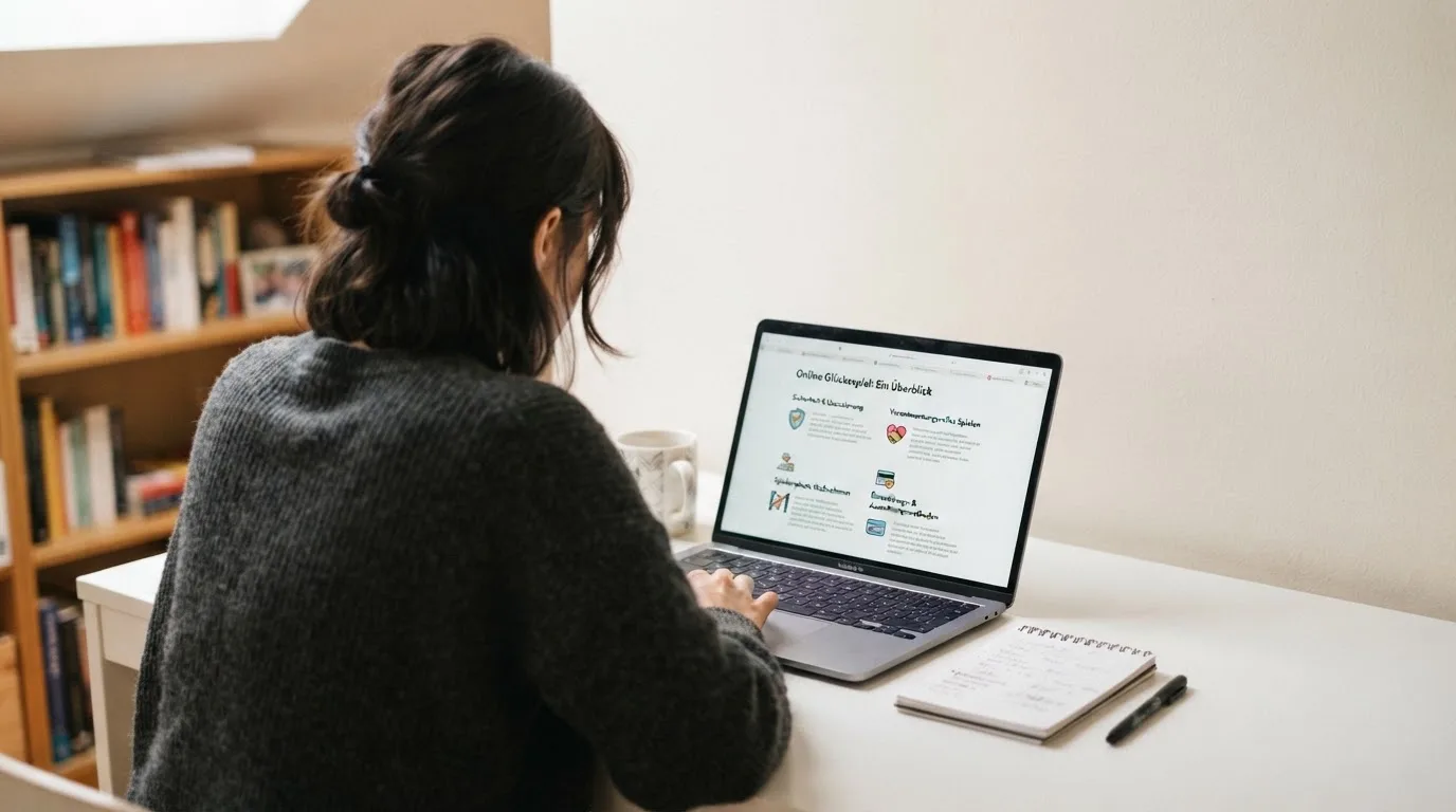 Person am Laptop liest eine Übersichtsseite zu Glücksspielen im Internet — beste online casino mit banküberweisung bezahlen