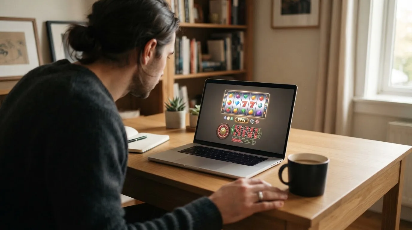 Person am Laptop liest eine Übersichtsseite zu Glücksspielen im Internet — beste online casino mit cashtocode bezahlen
