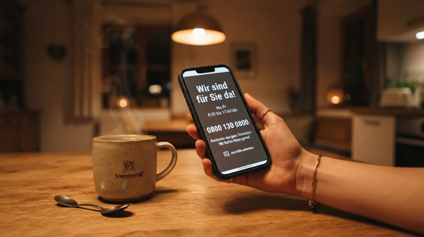 Hand hält ein Smartphone, daneben eine Tasse Tee, ruhige Abendstimmung am Küchentisch — beste online casino österreich