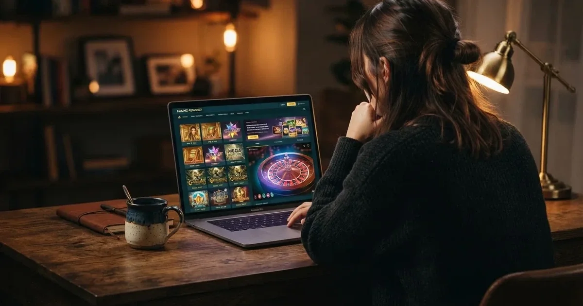 Person am Laptop liest eine Übersichtsseite zu Glücksspielen im Internet — beste online casinos echtgeld