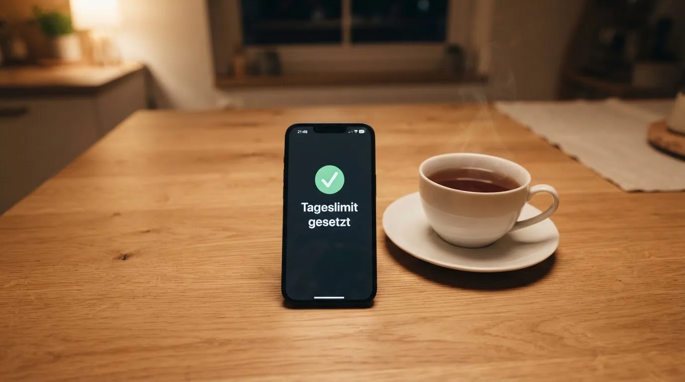 Hand hält ein Smartphone, daneben eine Tasse Tee, ruhige Abendstimmung am Küchentisch — beste online casinos echtgeld