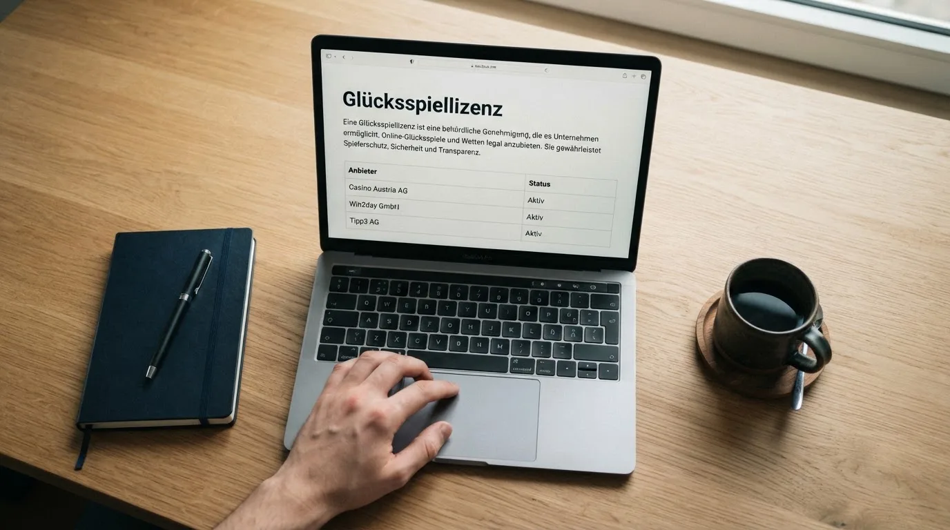 Person am Laptop liest eine Übersichtsseite zu Glücksspielen im Internet — beste online casinos mit österreichischer lizenz