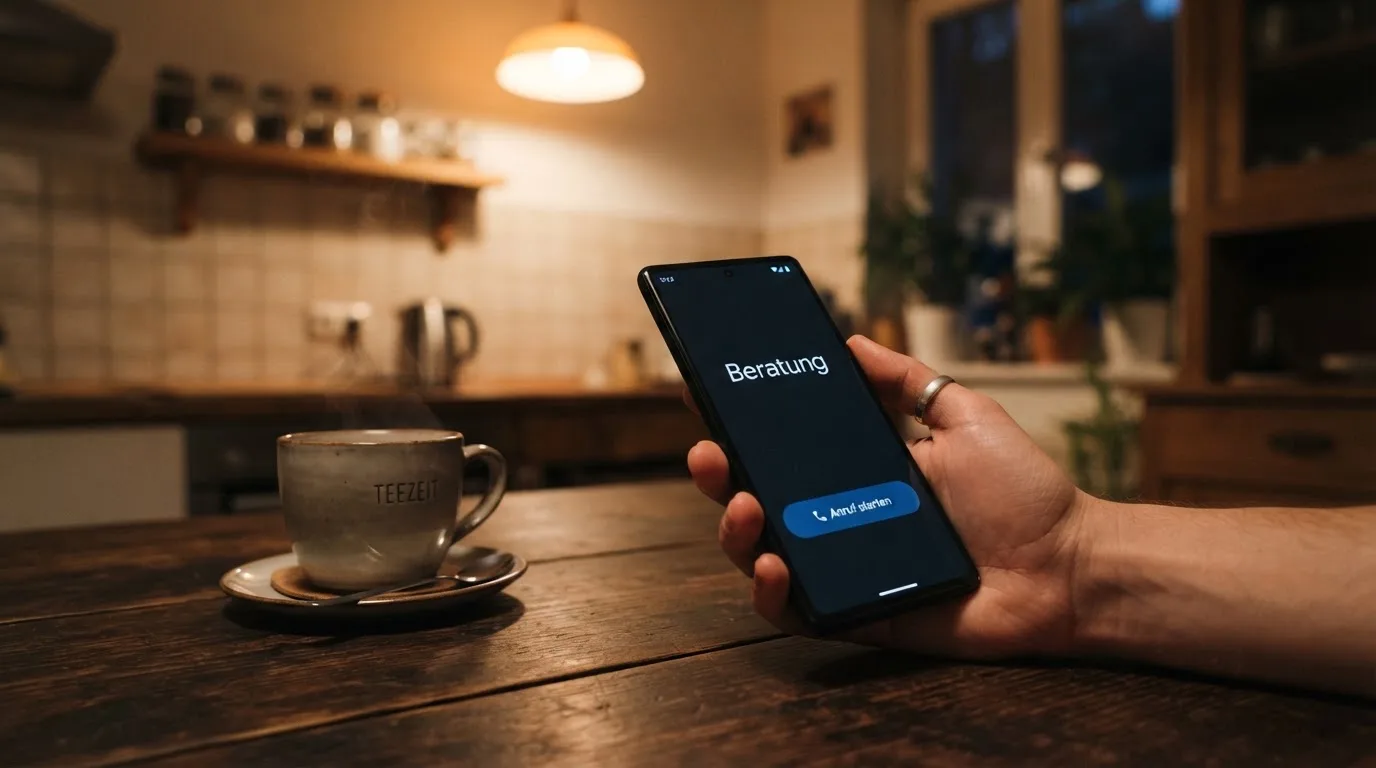Hand hält ein Smartphone, daneben eine Tasse Tee, ruhige Abendstimmung am Küchentisch — beste online casinos mit österreichischer lizenz