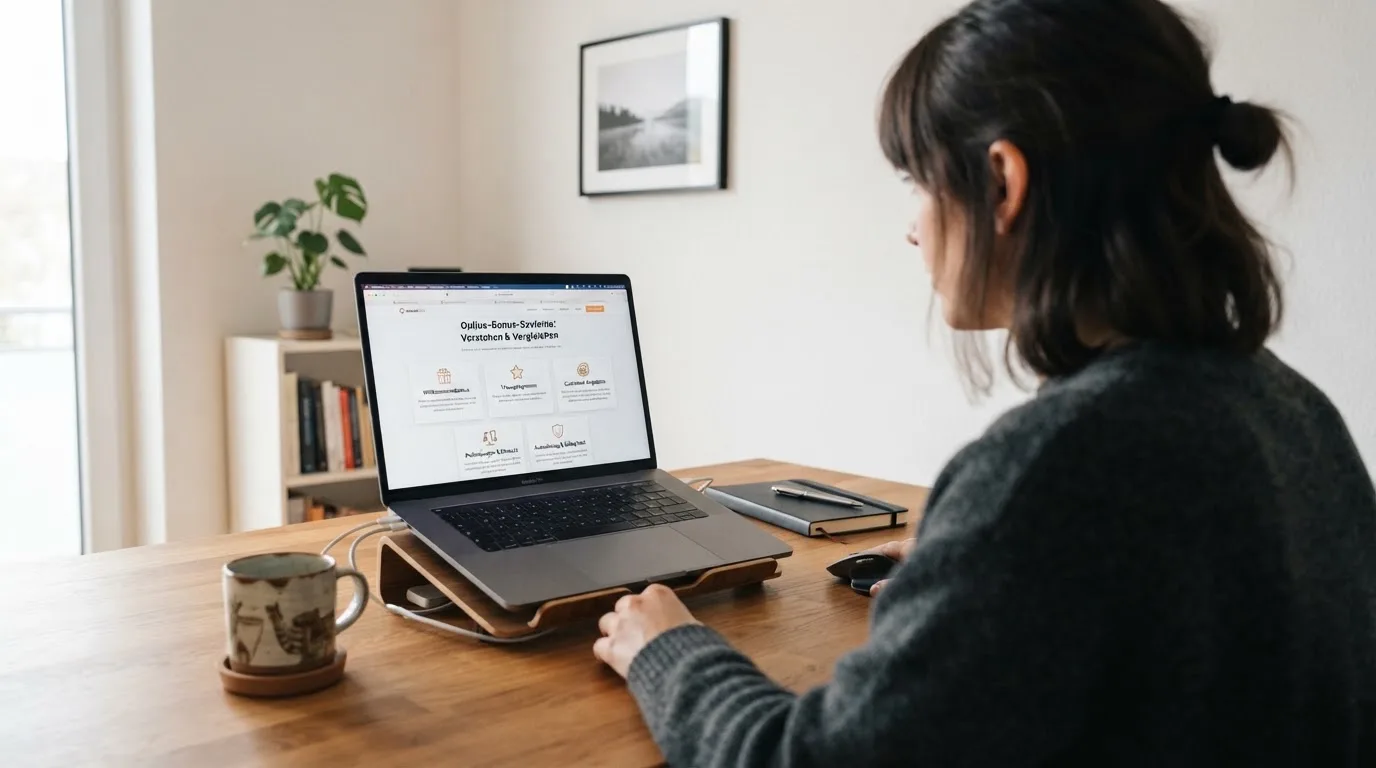 Person am Laptop liest eine Übersichtsseite zu Glücksspielen im Internet — beste online casinos österreich mit no deposit bonus