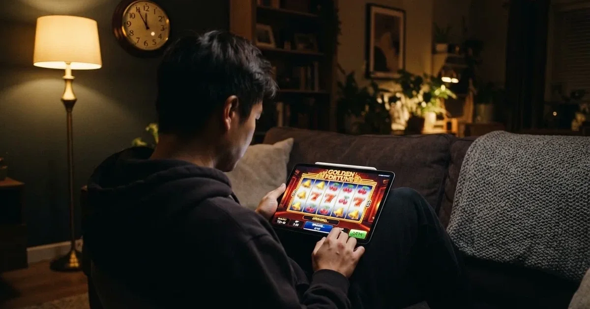 Person am Sofa schaut nachdenklich auf ein Tablet, im Hintergrund eine Uhr — beste online casinos österreich mit no deposit bonus