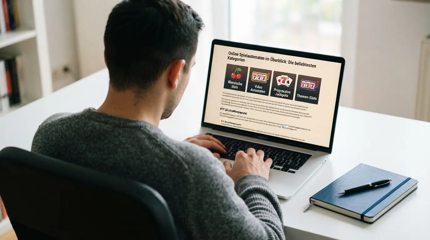Person am Laptop liest eine Übersichtsseite zu Glücksspielen im Internet — beste online casinos ohne limit