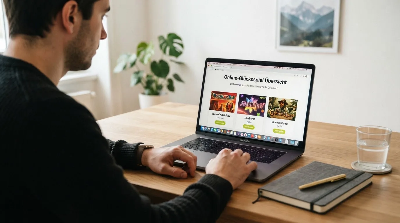 Person am Laptop liest eine Übersichtsseite zu Glücksspielen im Internet — beste online casinos ohne verifizierung