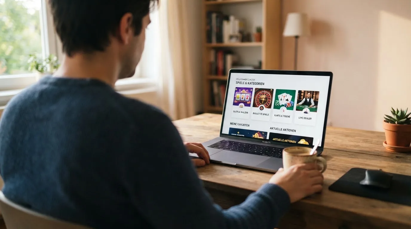Person am Laptop liest eine Übersichtsseite zu Glücksspielen im Internet — beste online spielothek casinos