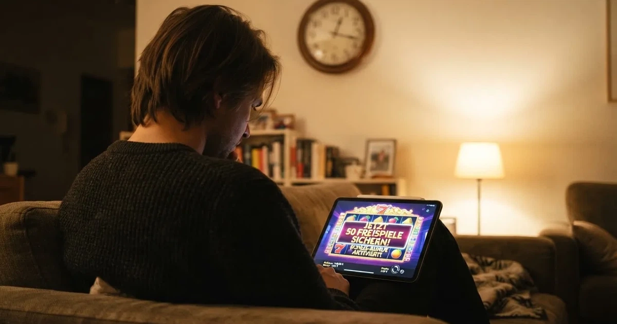 Person am Sofa schaut nachdenklich auf ein Tablet, im Hintergrund eine Uhr — bester willkommensbonus online casino