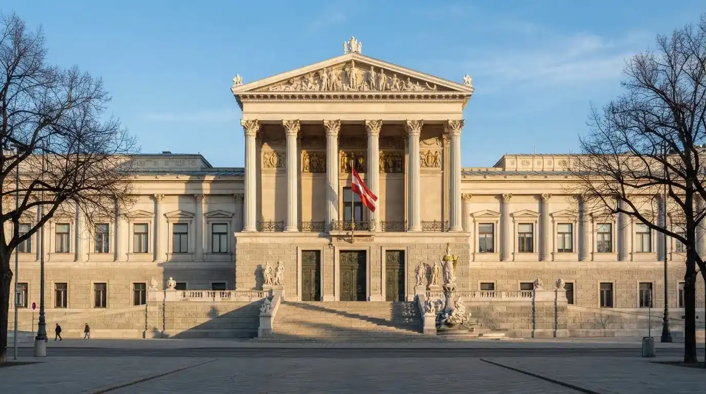 Fassade eines klassizistischen Wiener Amtsgebäudes mit österreichischer Flagge an einem klaren Nachmittag.
