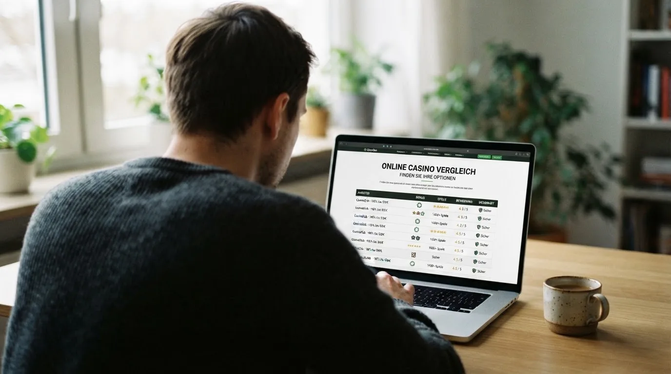 Person am Laptop liest eine Übersichtsseite zu Glücksspielen im Internet — binance coin casino vergleich