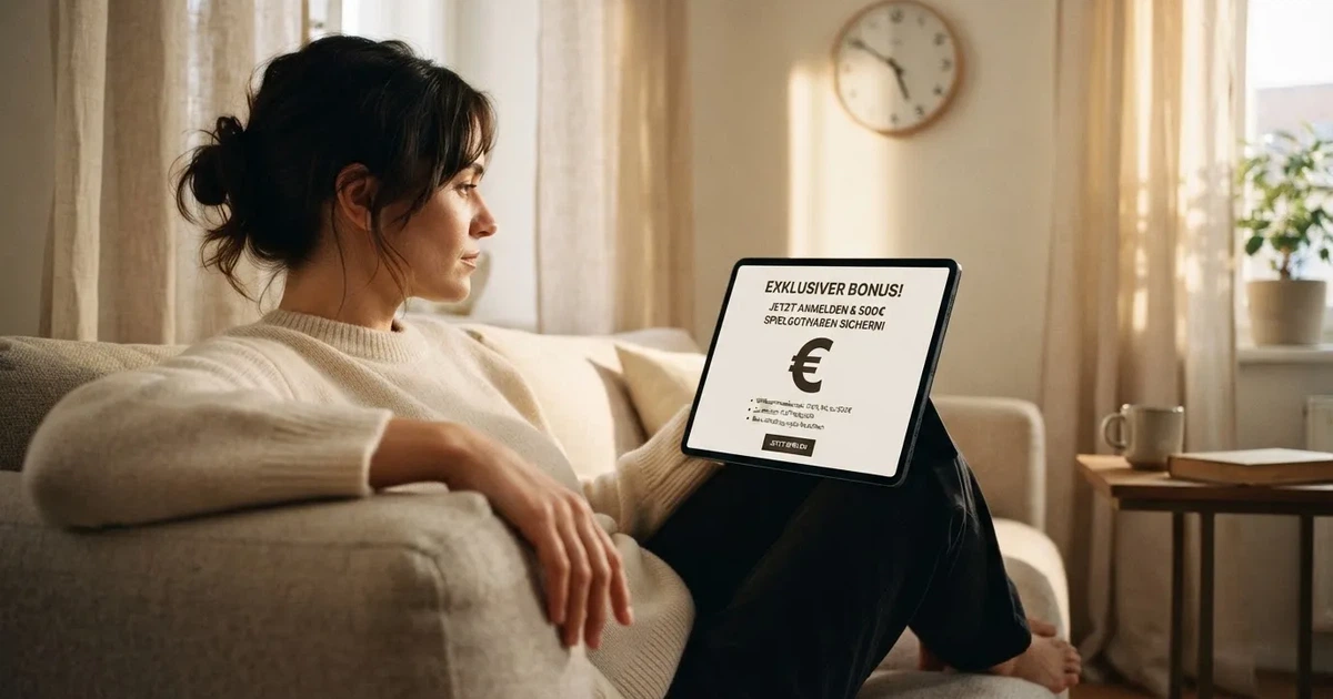 Person am Sofa schaut nachdenklich auf ein Tablet, im Hintergrund eine Uhr — casino bonus ohne einzahlung