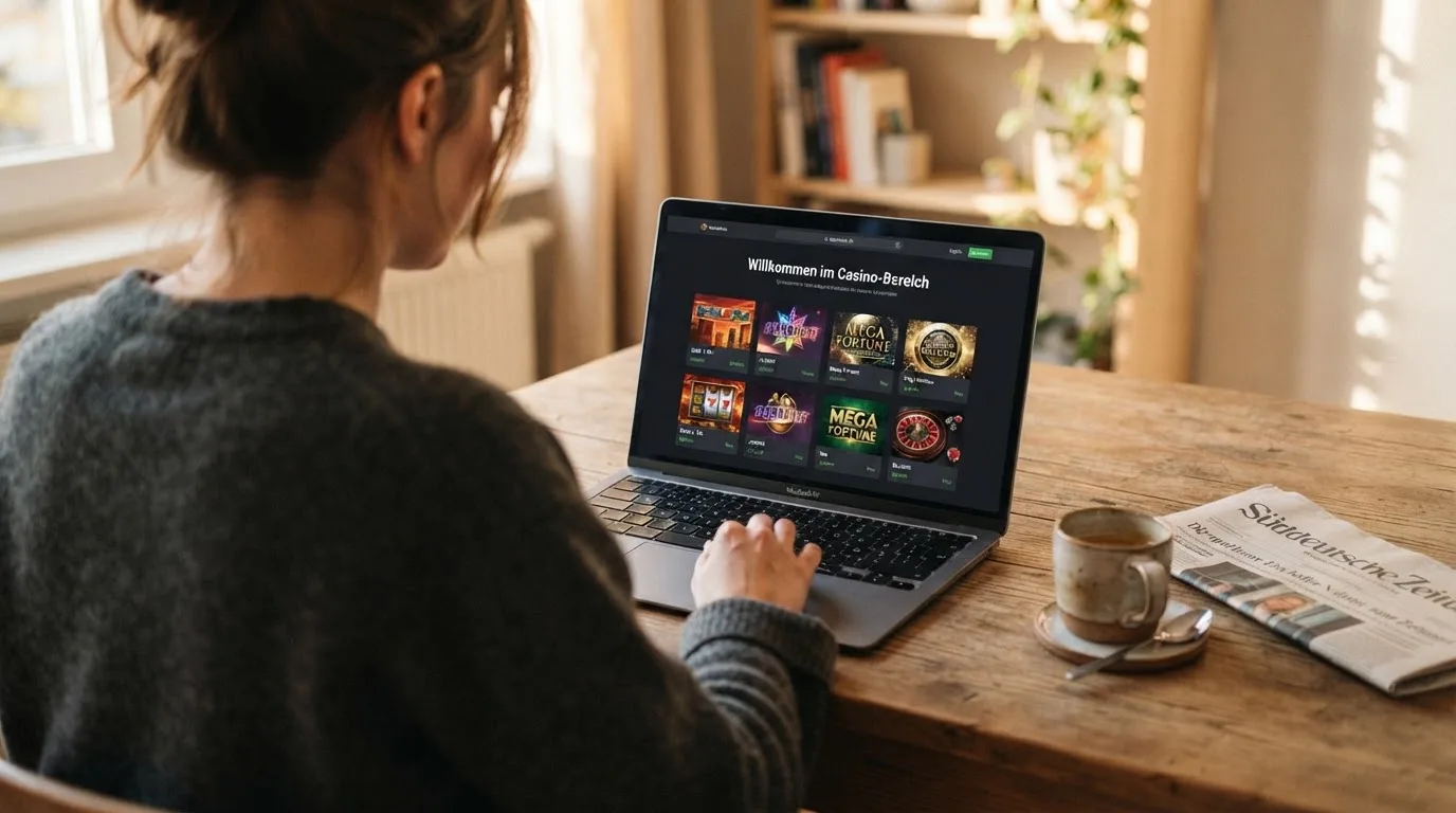 Person am Laptop liest eine Übersichtsseite zu Glücksspielen im Internet — casino mit hoher gewinnchance