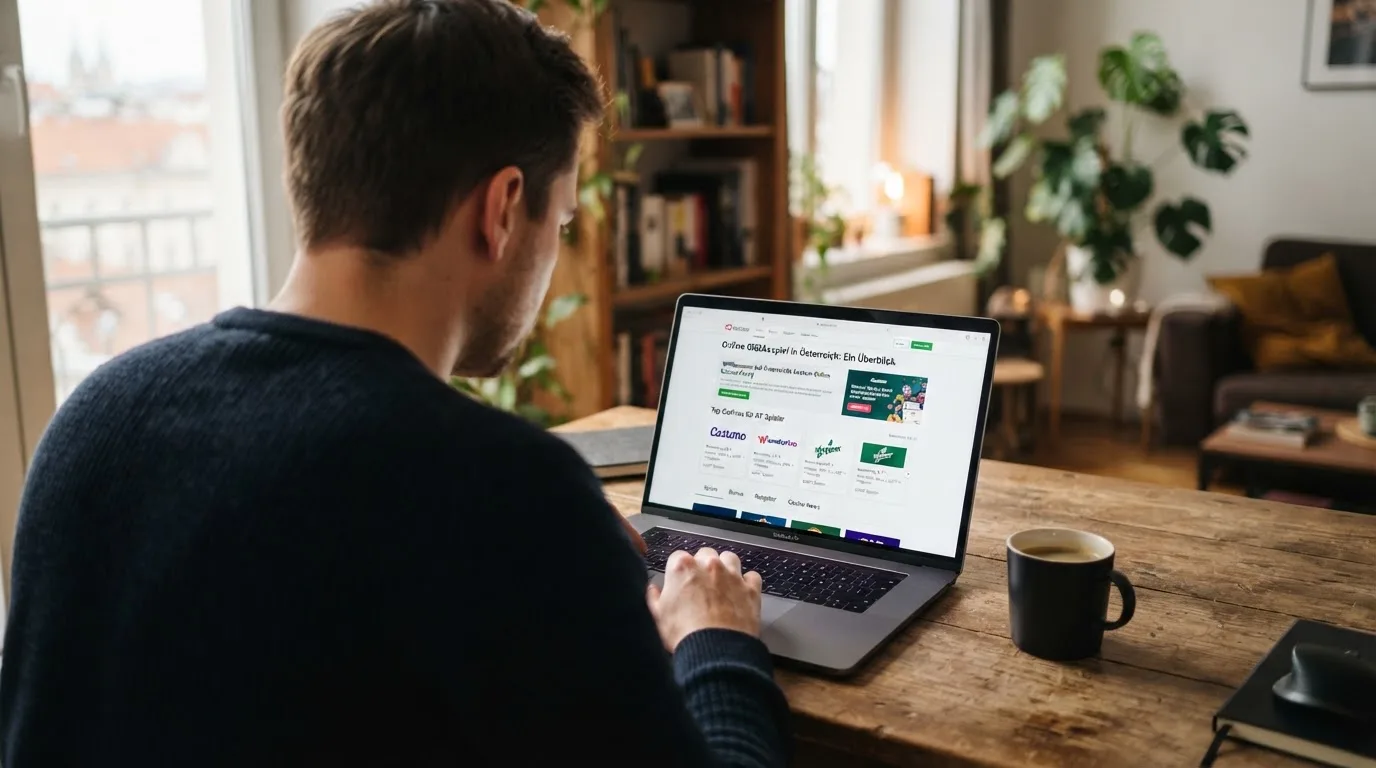 Person am Laptop liest eine Übersichtsseite zu Glücksspielen im Internet — online casino mit autoplay