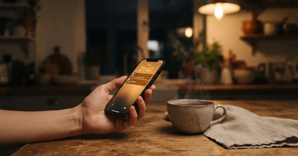 Hand hält ein Smartphone, daneben eine Tasse Tee, ruhige Abendstimmung am Küchentisch — online casino ohne auszahlungslimit