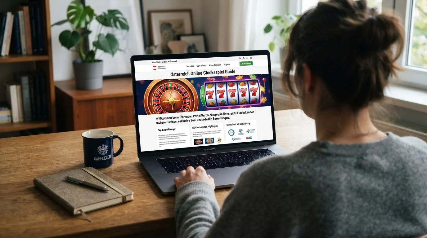 Person am Laptop liest eine Übersichtsseite zu Glücksspielen im Internet — online casino schnelle auszahlung