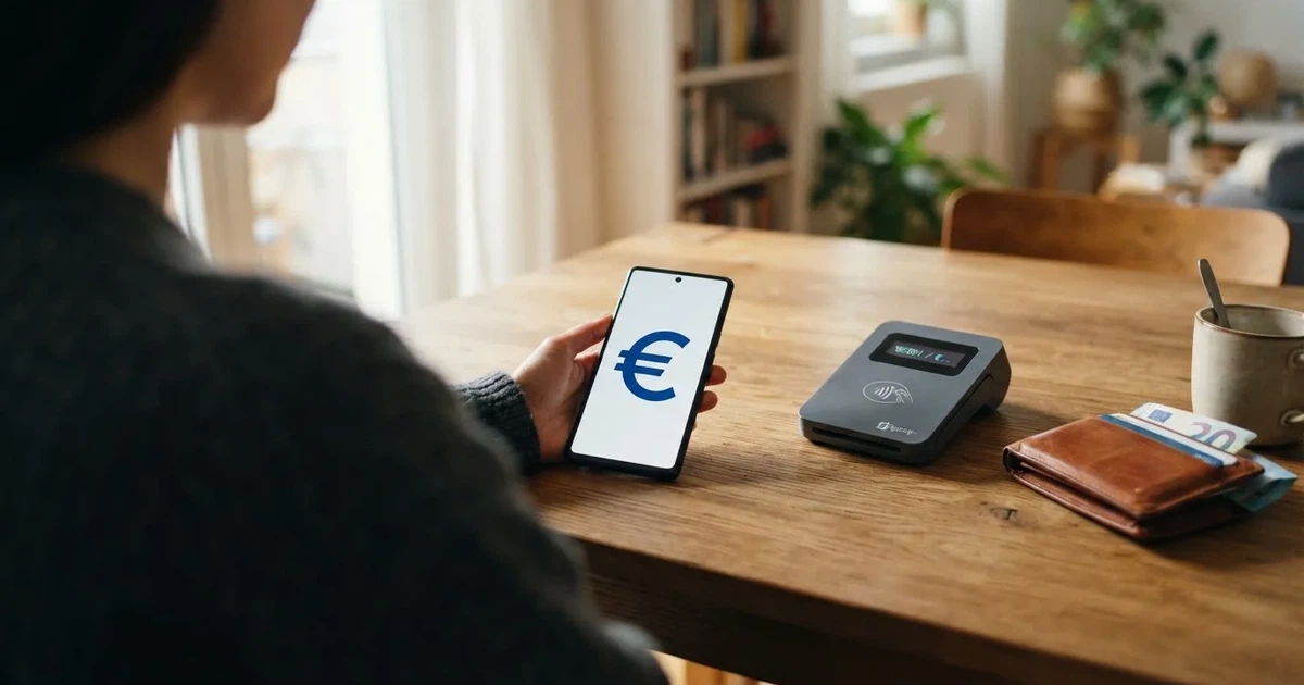 Kartenterminal und Smartphone auf einem Holztisch neben einer Geldbörse — online casino schnelle auszahlung